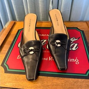 Vintage Bandolino Black Leather Mules with Metal & Bow Accent